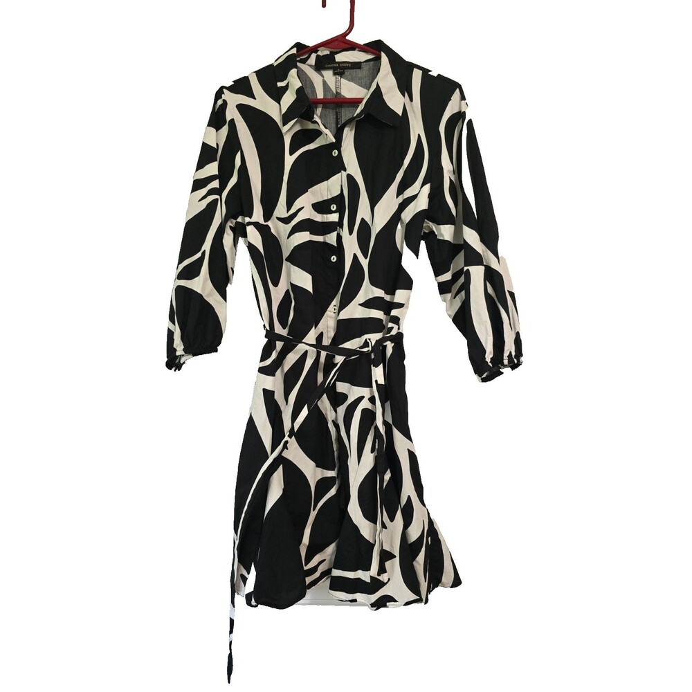 Cynthia Steffe Size XL Shirt Dress Black White Artsy Geometric Belted
